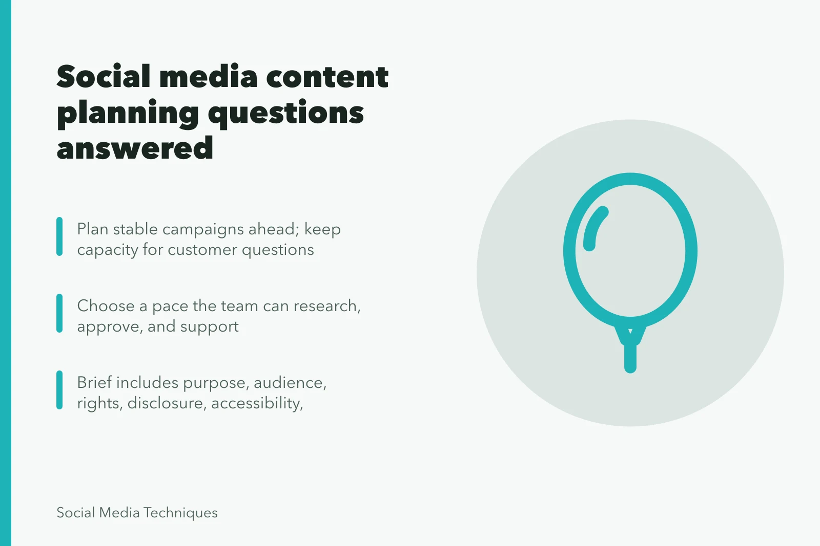 Card summarizing social media content planning questions, calendars, and briefs. What teams ask about social media content planning