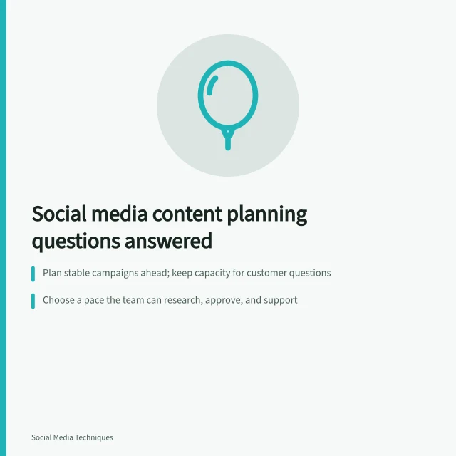 Card summarizing social media content planning questions, calendars, and briefs. What teams ask about social media content planning