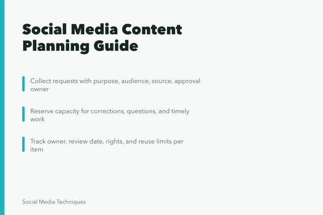 Card summarizing social media content planning intake, capacity, and lifecycle tracking. Social media content planning: a practical guide