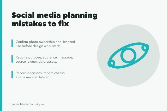 Checklist card of social media content planning mistakes and fixes. Social media content planning mistakes for business teams
