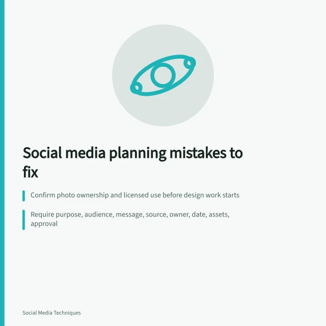 Checklist card of social media content planning mistakes and fixes. Social media content planning mistakes for business teams