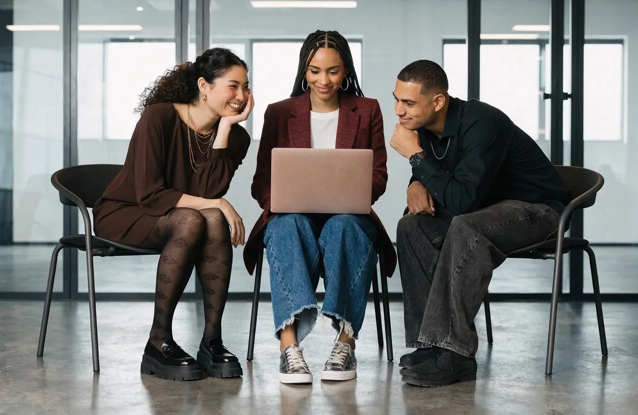 people, meeting, interaction, informal, collaboration, laptop, smile, friendship, attire, joy, conversation, workspace, teamwork, communication, business environment, employment, team, informal relaxed atmosphere, gesture, collective work. Social media management best practices that survive contact with real work