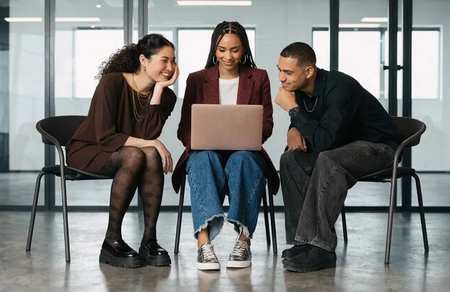 people, meeting, interaction, informal, collaboration, laptop, smile, friendship, attire, joy, conversation, workspace, teamwork, communication, business environment, employment, team, informal relaxed atmosphere, gesture, collective work. Social media management best practices that survive contact with real work