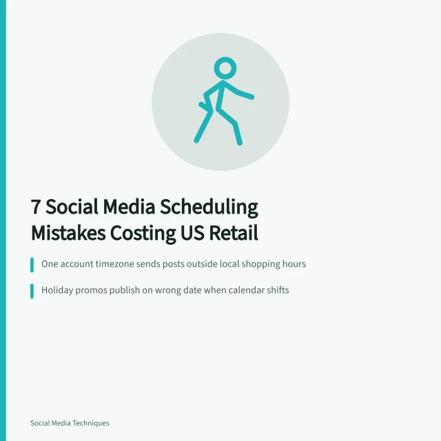 Card listing social media scheduling mistakes that cost US retail teams sales. 7 social media scheduling mistakes that cost US retail teams