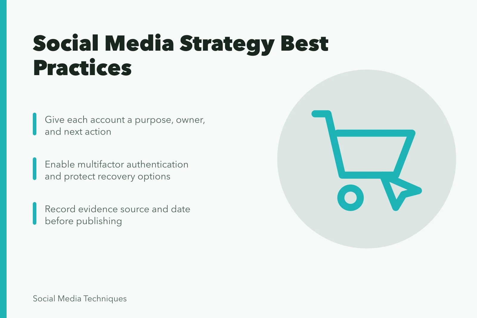 Card summarizing social media strategy best practices for business teams. Social media strategy best practices for business teams