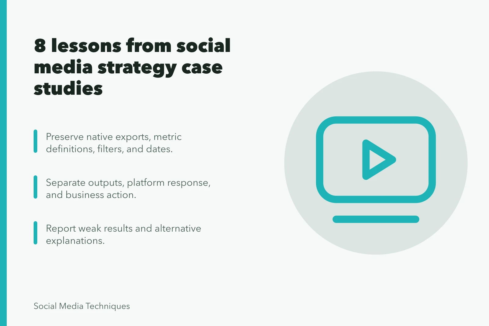 Card summarizing social media strategy case study lessons and evidence chain. 8 lessons from social media strategy case studies