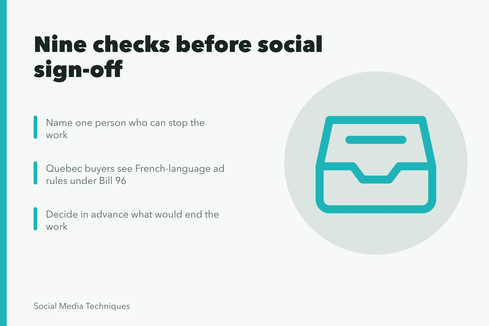 Checklist card for nine social media strategy sign-off checks. 9 social media strategy checks before signing off