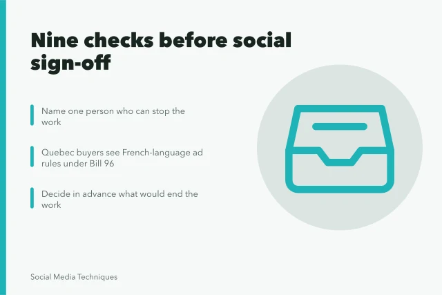 Checklist card for nine social media strategy sign-off checks. 9 social media strategy checks before signing off
