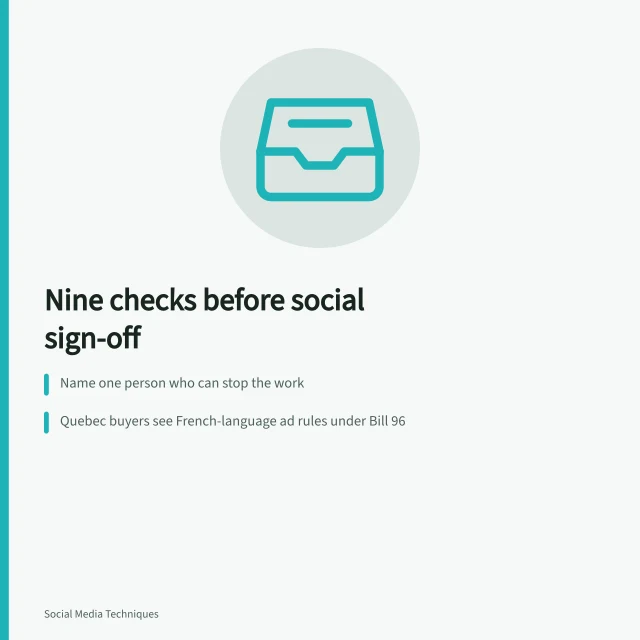 Checklist card for nine social media strategy sign-off checks. 9 social media strategy checks before signing off