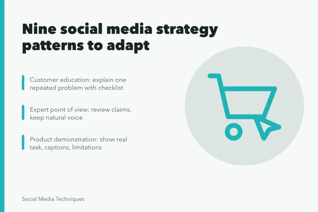 Card showing nine social media strategy patterns for education, experts, and demonstrations. Eight strategy patterns worth adapting, from customer proof to event extension
