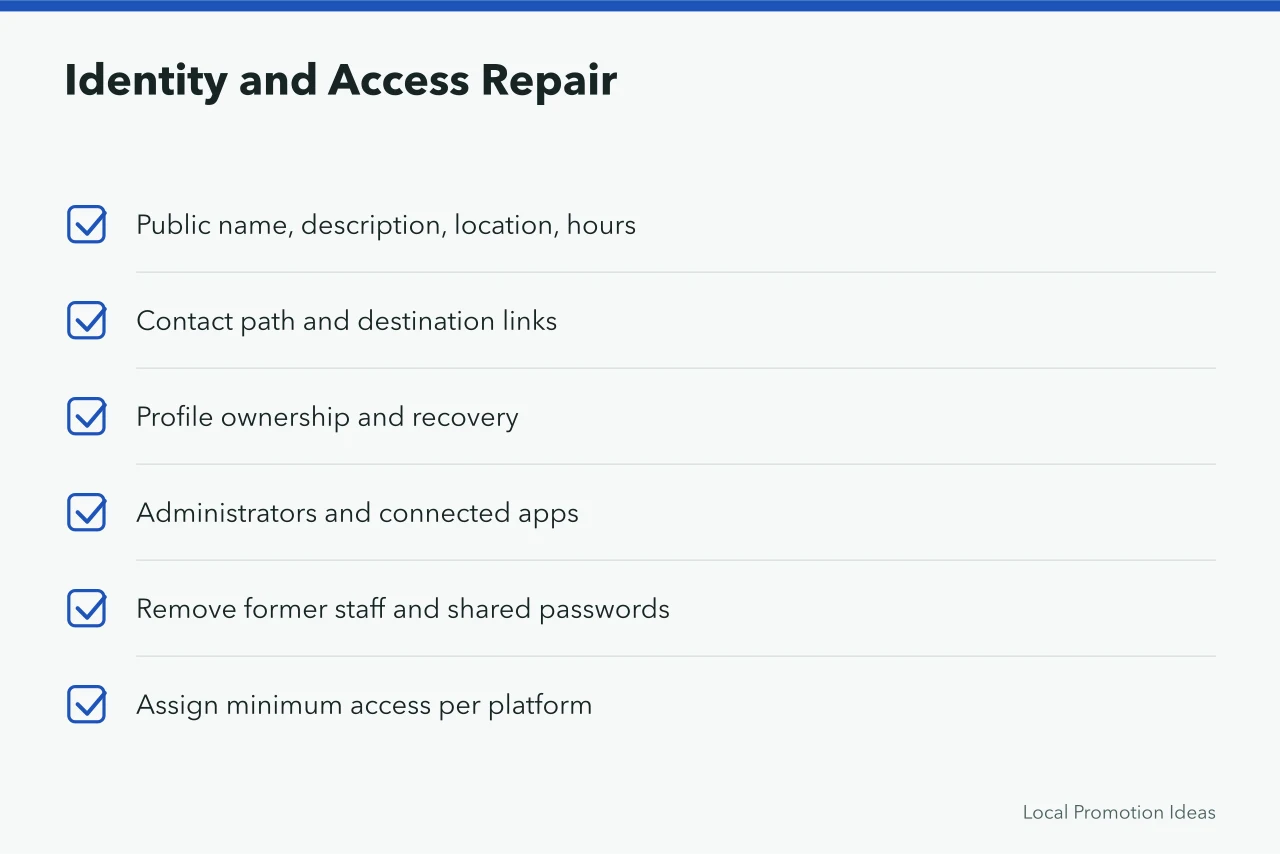 Checklist for repairing social media identity and access (How to Improve Small Business Social Media: The Parts Worth Your Time)